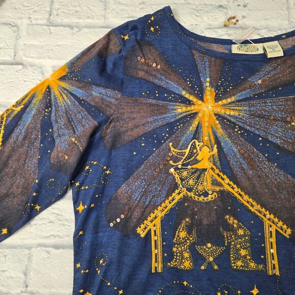 NWOT Collections Etc Top Nativity Stars Navy Long Sleeve Sequins Christmas XL - Picture 10 of 16